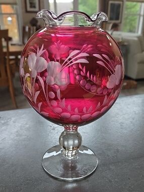 Vintage Cranberry Etched Pedestal Floral Rose Bowl w/Scalloped Rim